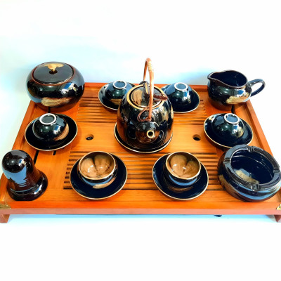 Bộ ấm chén Bát Tràng cao cấp “hoa trong lòng gốm” men hoả biến hổ phách viền vàng 24k