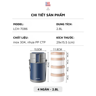 Lồng cơm 4 ngăn giữ nhiệt văn phòng Mitomo LCH-7086 dung tích 2.8L kèm nĩa và thìa