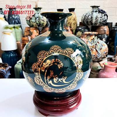 Bình hút tài lộc phong thủy Phúc - Lộc - Thọ vẽ vàng 24k, gốm sứ Bát Tràng cao cấp (H26xD24cm)  
