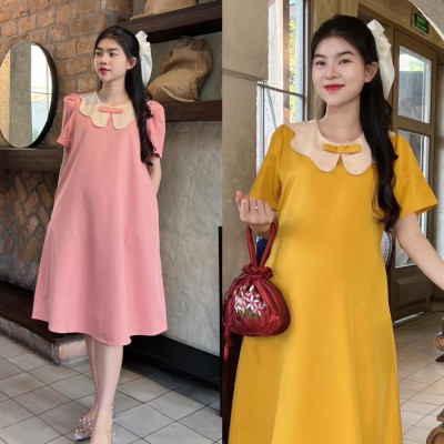 Đầm bầu công sở cổ sen phối nơ chất cotton lạnh phom suông gọn dáng thanh lịch