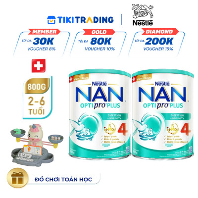 [Tặng Đồ chơi toán học cân bằng] Bộ 2 lon Sữa bột Nestlé NAN OPTIPRO PLUS 4 800g/lon với 5HMO Giúp tiêu hóa tốt + Tăng cường đề kháng - Bé 2-6 tuổi