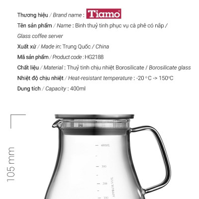 Bình pha cà phê thủy tinh chịu nhiệt Tiamo 400ml nắp inox