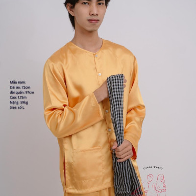 Bộ áo bà ba nam vải phi bóng vàng đồng- Có bộ bà ba Bigsize- may sỉ bà ba toàn quốc - May bộ bà ba theo yêu cầu