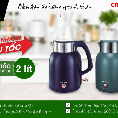 Ấm đun nước siêu tốc Inox 304 giữ nhiệt Orkin Thái Lan OR515 dung tích 2 lít - Hàng chính hãng