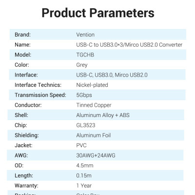 Cáp chuyển USB Type C to 4*USB 3.0 + PD Micro USB Vention TGCHB (5 in 1) - Hàng chính hãng