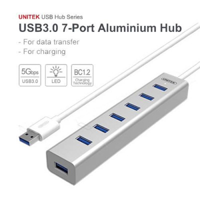 Bộ chia 7 cổng USB 3.0 Unitek Y-3090 tích hợp chức năng hub sạc (Bạc) - HÀNG CHÍNH HÃNG