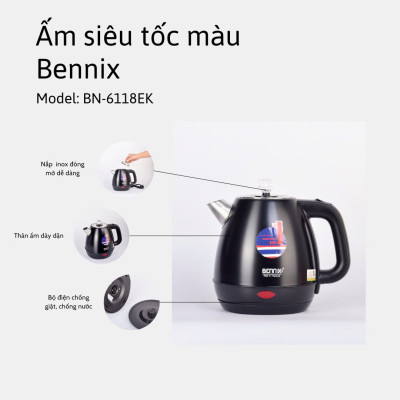 Ấm Đun Nước Siêu Tốc Inox 304 Thương Hiệu Bennix Thailand BN-6118EK Dung Tích 1.8L- Hàng Chính Hãng