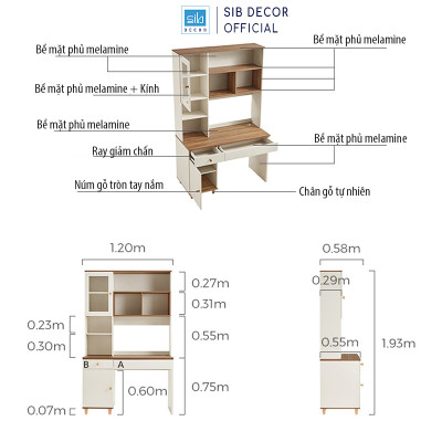 Bàn Làm Việc Phối Hệ Tủ Sách Nhiều Ngăn Thương Hiệu SIB Decor BLV99