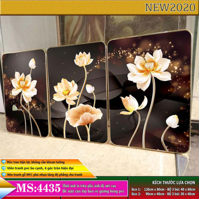 Bộ tranh treo tường 3 tấm trang trí phòng khách, phòng ngủ phong cách mỹ thuật hiện đại chất liệu cán pvc gương:4435L15S