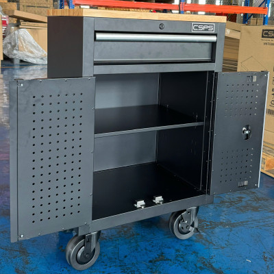 Tủ dụng cụ CSPS 61cm - 01 hộc kéo màu đen bánh xe ván gỗ (tay cầm trắng)