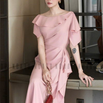 Đầm hồng cổ thuyền vạt xéo NGADO , đầm dài , đầm dự tiệc , sang trọng