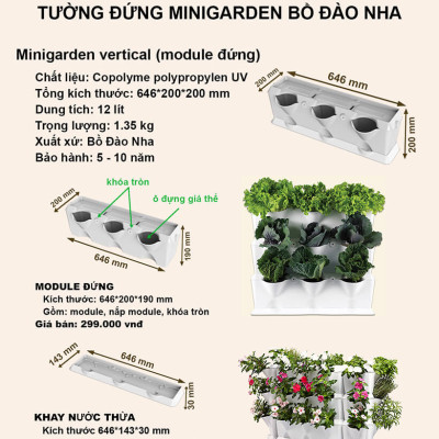 Chậu Trang Trí Cây Ban Công Đứng Vertical nhập khẩu Minigarden Bồ Đào Nha KÈM giải pháp Tưới Nhỏ Giọt Bán tự động dù ban công KHÔNG có vòi cấp nước (gồm 8 tầng Module + 1 Tray nước + Bộ tưới)