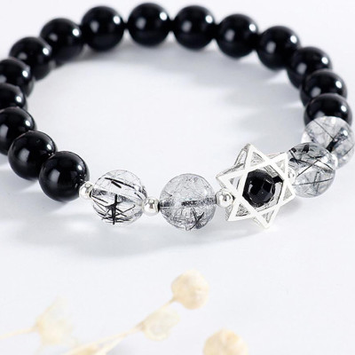 Vòng tay đá Obsidian phối thạch anh tóc đen mệnh thủy, mộc - Ngọc Quý Gemstones