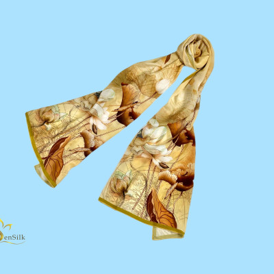 100% Silk Print Scarf - Khăn Lụa Tơ Tằm in White Lotus - Quà Tặng Cao Cấp SenSilk KLDI03 180x55cm