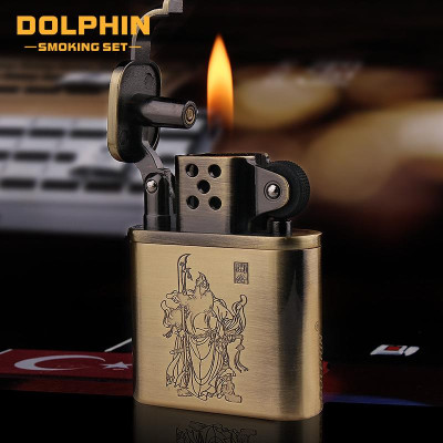 Vỏ Hột Quẹt Bật Lửa Xăng Đá Độc Lạ Dolphin HY676 Khắc Quan Vũ Đẹp Độc Lạ - Dùng Xăng Bấc Đá Cao Cấp