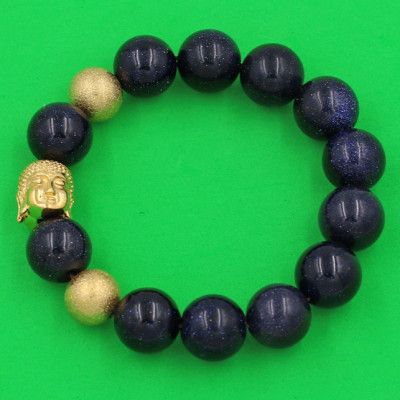 Chuỗi hạt đeo tay Đá Lam Sa 14 ly - Vòng tay Phật A Di Đà inox vàng VLSNLVHB14 - hợp mệnh Thủy, mệnh Mộc - Vòng đeo tay size lớn