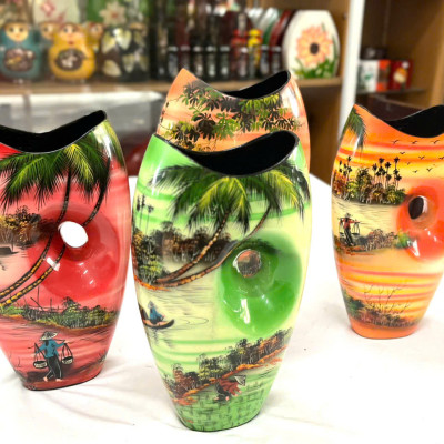 Bình Hoa Sơn Mài Cao Cấp – Dáng Miệng Cá Khoét Lỗ | Size 31x17 cm | Nghệ Thuật & Độc Đáo