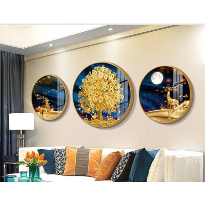 Bộ 3 tranh tròn tráng gương cách điệu hươu tài lộc trang trí phòng khách(kèm đinh treo)