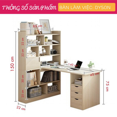 Bàn làm việc hiện đại liền giá sách bằng gỗ SMLIFE Dyson