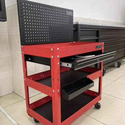 Xe đẩy 3 tầng CSPS màu đỏ, vách lưới và hộc kéo màu đen kèm khay đựng