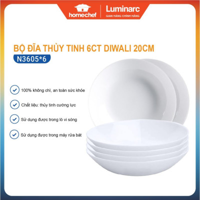 Bộ 6 đĩa thủy tinh sâu lòng Luminarc Diwali 20cm - N3605*6, chịu sốc nhiệt tốt