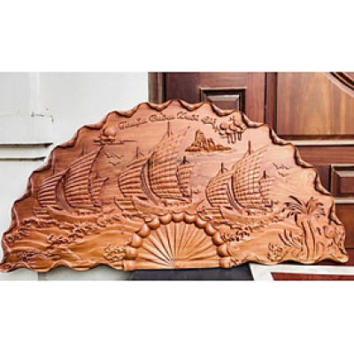 Tranh cánh quạt khắc thuận buồm xuôi gió bằng gỗ hương đá kt 160×80×5cm