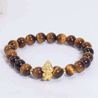 Vòng Tay Phong Thủy Đá Mắt Hổ Vàng Nâu Phối Charm Tuổi Dậu Bạc Mạ Vàng 24K (8mm) Mệnh Thổ, Kim Ngọc Quý Gemstones