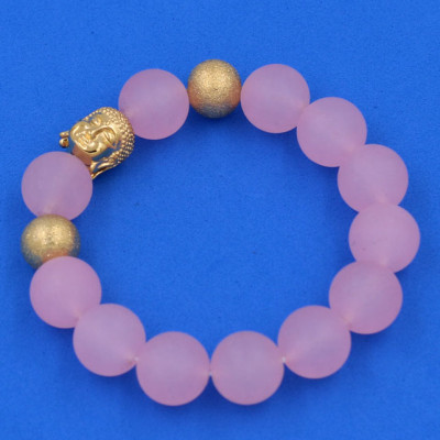 Chuỗi đeo tay Thạch Anh Hồng Phấn Mờ 14 ly - Vòng tay Phật A Di Đà inox vàng VTAHPMNLVHB14 - hợp mệnh Hỏa, mệnh Thổ - Vòng đeo tay size lớn