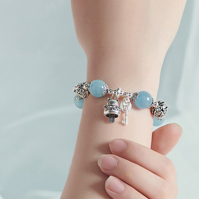 Vòng tay đá aquamarine phối charm mèo bạc size hạt 12mm mệnh thủy, mộc - Ngọc Quý Gemstones