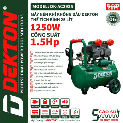 MÁY NÉN KHÍ KHÔNG DẦU 25L 1250W DEKTON DK-AC2925 - HÀNG CHÍNH HÃNG