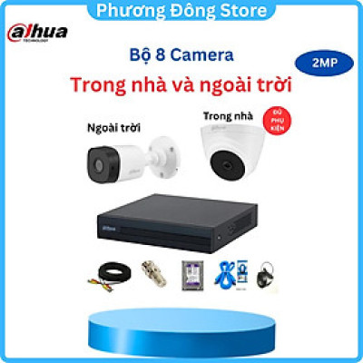Trọn Bộ 8 Camera Quan Sát Dahua 2.0M Full HD 1080P vỏ thép kèm ổ cứng HDD tùy chọn + đầy đủ phụ kiện - Hàng chính hãng