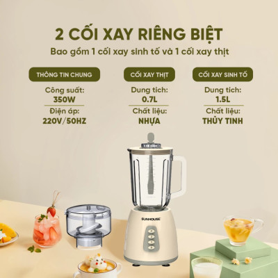 Máy xay sinh tố đa năng SHD5331, Dung tích 1.5L - 2 cối đa năng - Xay sinh tố, Xay thịt - Công suất 350W - Hàng chính hãng