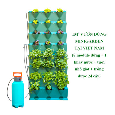 Khung Trồng cây ban công đứng Minigarden Vertical phong cách Châu Âu (1m2 gồm 8 module + 1 khay hứng nước) Kèm hệ thống tưới nhỏ giọt. Với 1 module trồng được 3 hóc cây. Thích hợp cho cả trồng rau sạch đứng