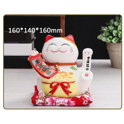 Tượng Mèo Thần Tài Gốm Men Vẫy Tay Phát Tài, Phát Lộc 16 cm Kèm Đệm Đỏ