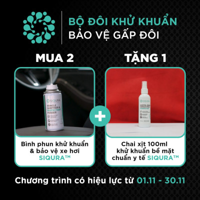 (KM) Combo 02 bình phun sương khử mùi & khử khuẩn bảo vệ xe hơi 30 ngày SIQURA tặng 01 chai xịt 100ml dung dịch khử khuẩn bề mặt chuẩn y tế Úc