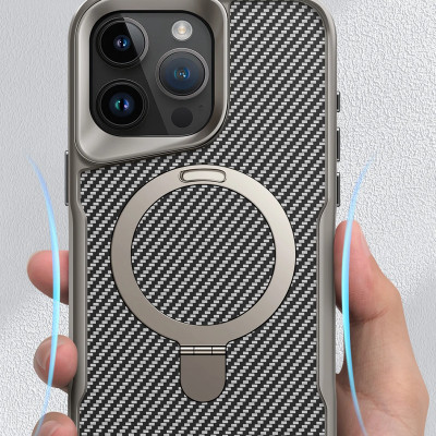 Ốp lưng cho iPhone 14 Pro Max, iPhone 13 Pro Max, iPhone 12 Pro Max  hiệu Likgus Fiber hỗ trợ sạc không dây, kèm kệ chống lưng, vân carbon chống trơn trượt, chống sốc cao cấp - Hàng chính hãng.