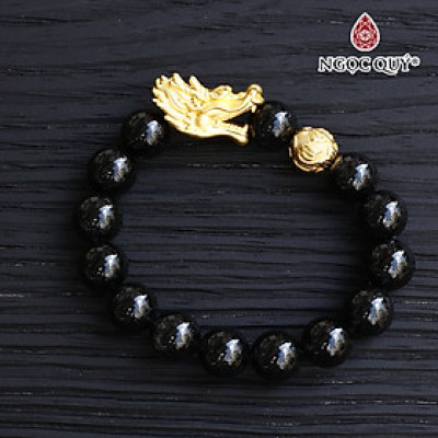 Vòng thạch anh tóc đen 12mm phối charm rồng bạc mạ vàng 24k mệnh thủy, mộc - Ngọc Quý Gemstones