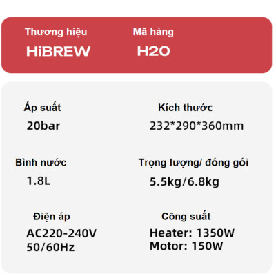 Máy pha và xay cà phê bán tự động 3 trong 1 Espresso, Cappuccino, Latte thương hiệu Mỹ cao cấp HiBREW H20 - Công suất 1500W 20bar - Hàng chính hãng