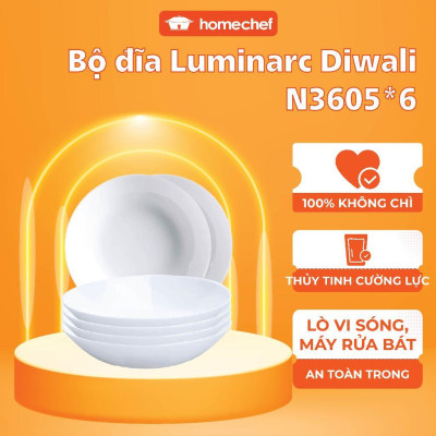 Bộ 6 đĩa thủy tinh sâu lòng Luminarc Diwali 20cm - N3605*6, chịu sốc nhiệt tốt