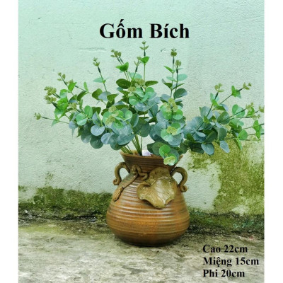 Bình Hoa Lọ Hoa Men Mộc Đắp Tai Lá Sen Cao 27cm Gốm Sứ Bát Tràng 