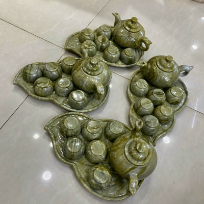 Bộ ấm trà với dĩa kiểu chếc lá đá ngọc Ấn Độ