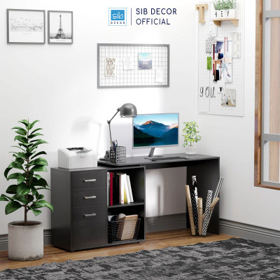 Bàn Làm Việc Kết Hợp Tủ Gỗ 3 Ngăn Kéo Hiện Đại Màu Trắng Đen Thương Hiệu SIB Decor BLV106/107