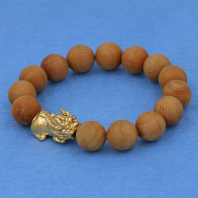 Vòng tay gỗ ngọc am 12 ly - cẩn Tỳ Hưu inox vàng VGGATHV12