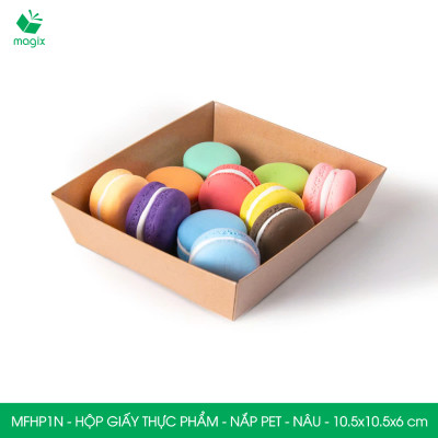 MFHP1N - 10.5x10.5x6 cm - 50 hộp giấy kraft thực phẩm màu nâu nắp Pet, hộp giấy vuông đựng thức ăn, hộp bánh nắp trong