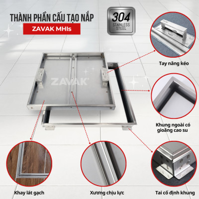 Nắp Bể Ngầm Trong Nhà 40x40cm Inox 304 ZAVAK MHIs-40 Nắp bể nước âm sàn, Nắp hố ga Inox 304