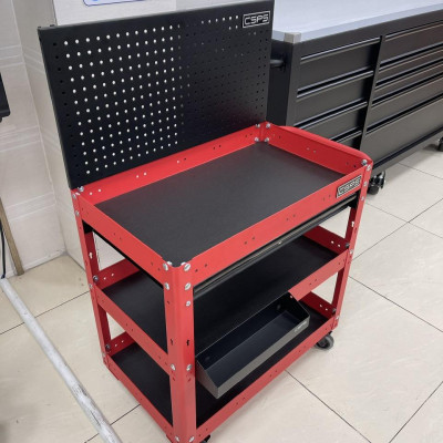 Xe đẩy 3 tầng CSPS màu đỏ, vách lưới và hộc kéo màu đen kèm khay đựng