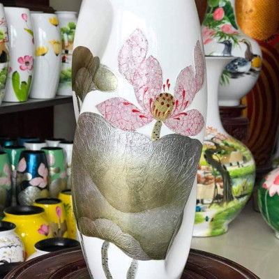 Lọ hoa khảm trứng bạc gốm sứ Bát Tràng