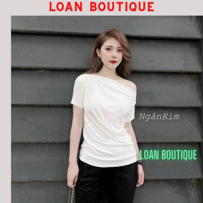 Aó thun hở vai rúm eo cộc tay chất thun lạnh mát đẹp