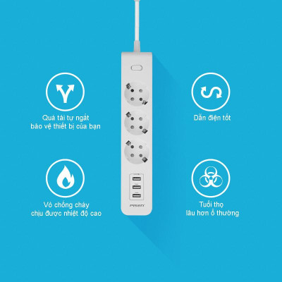 Ổ Cắm Điện Thông Minh 3 Ổ Cắm AC - Pisen 303-EP - Màu Trắng