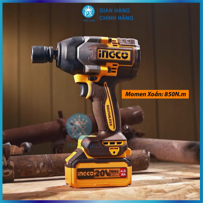Máy siết bulong INGCO 850NM xe ô tô xe máy xe tải tháo mở ốc bulong pin KHÔNG CHỔI THAN CIWLI2085 kèm 1 sạc 2 pin 4ah
